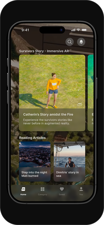 Home screen with aerial 3D map of Mati, Greece and survivor story cards