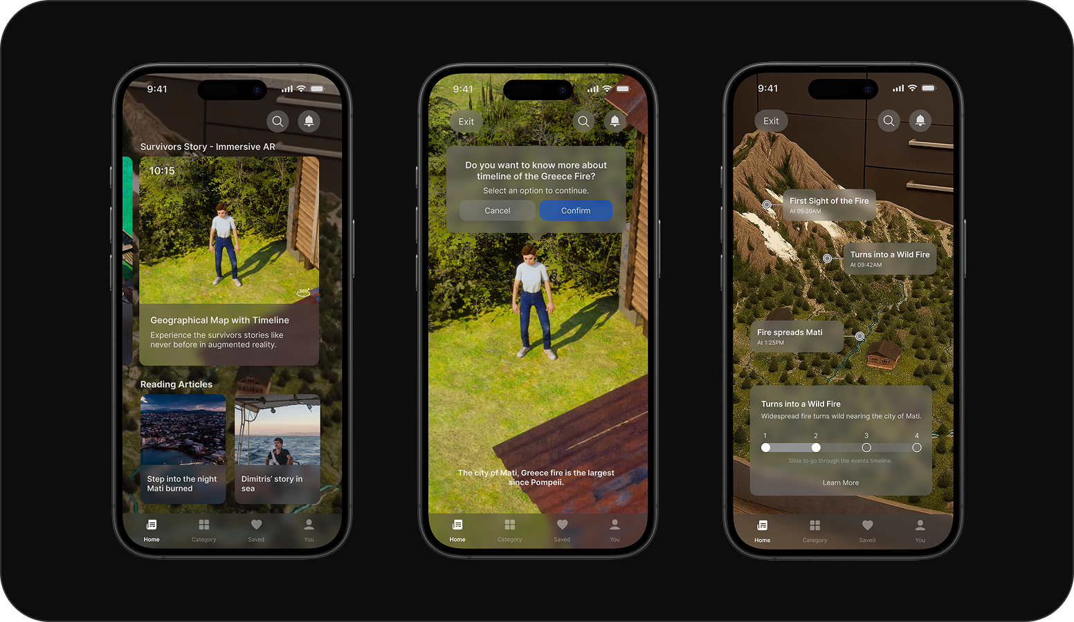 Timeline interaction across three phone screens showing the Greece fire event, from first sighting to spread across Mati